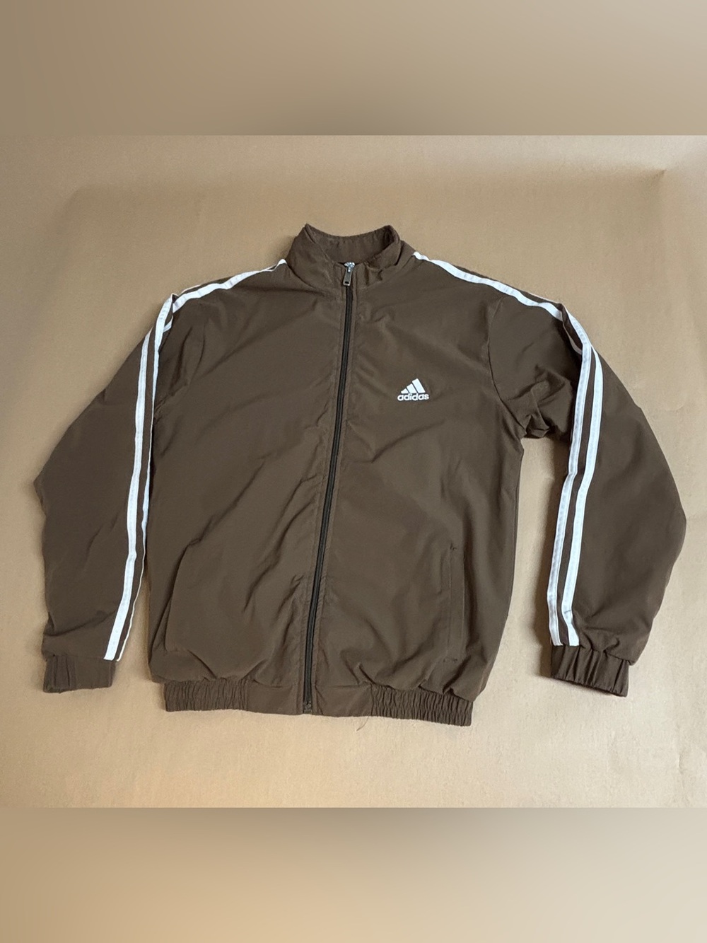adidas Brown Bomber Jacket with White Stripes and Stitched Logo Across Back